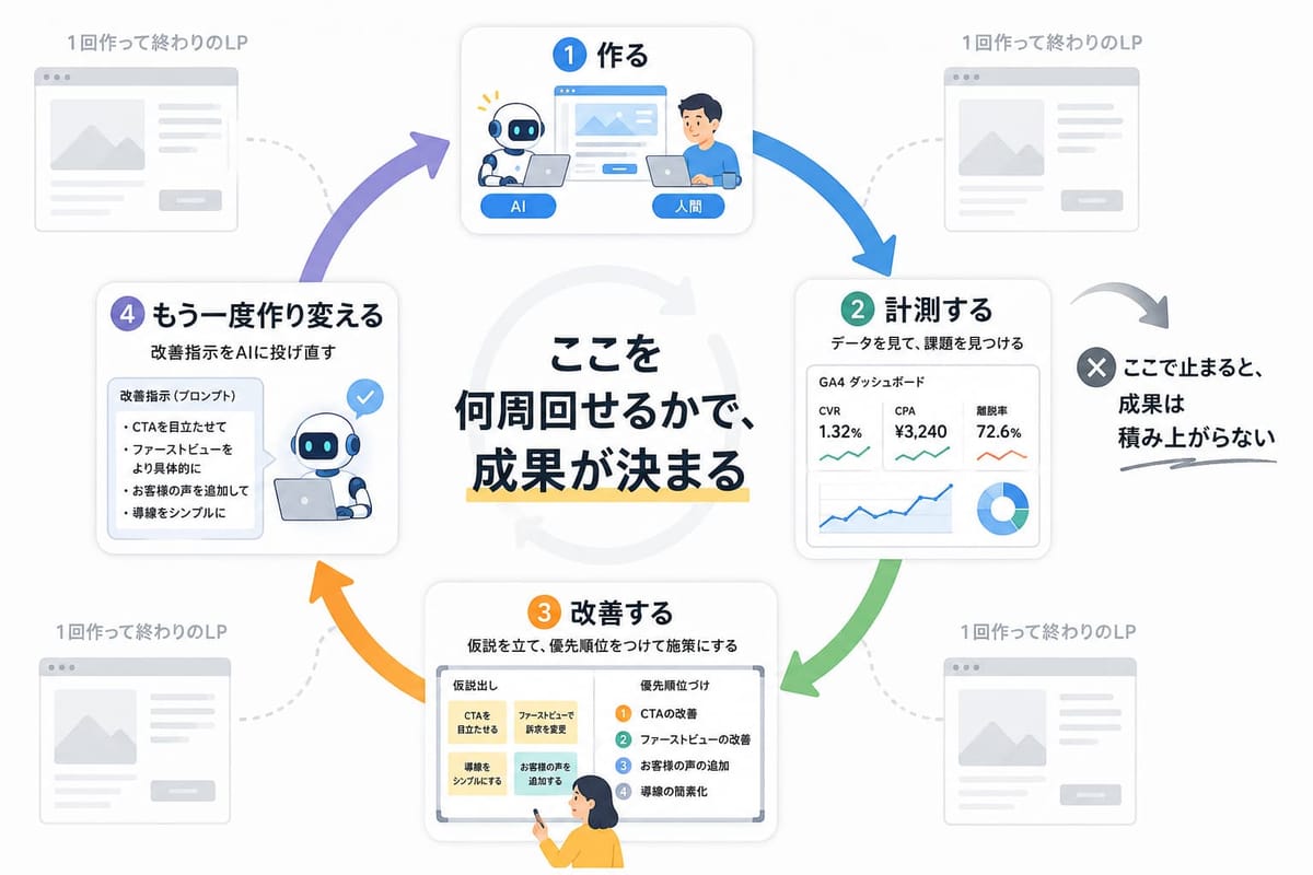 ①作る（AIと人間）→②計測する（GA4でCVR 1.32%・CPA ¥3,240・離脱率72.6%）→③改善する→④もう一度作り変える、の改善ループ。「ここを何周回せるかで、成果が決まる」と示す図